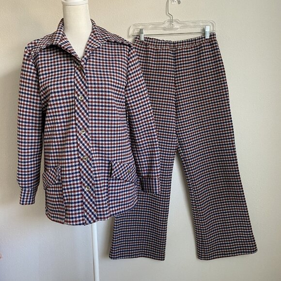 VTG 70s Plaid Pant Suit 2pc Mod Top 14 Pants 12 Union Made Red White Blue Check - Picture 1 of 13